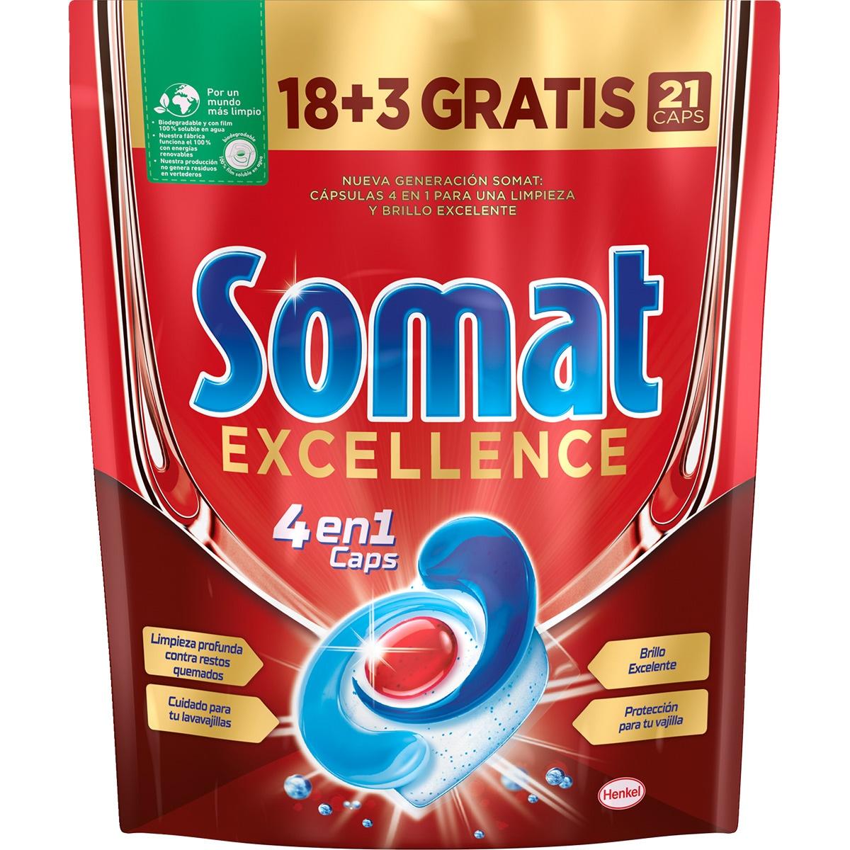 Somat Excellence Detergente Lavavajillas 4 en 1 bolsa 18+3