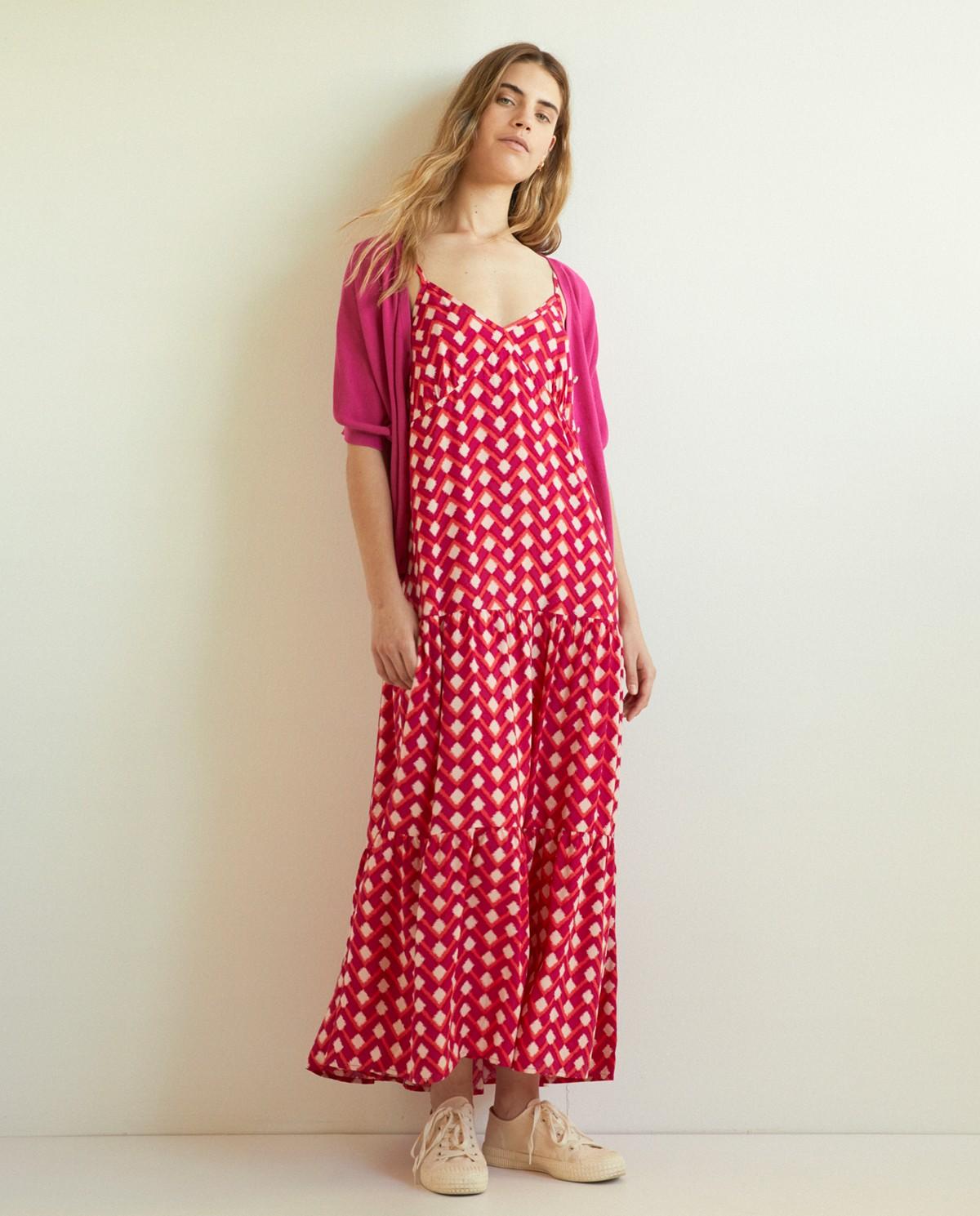 VESTIDO TIRANTES ESTAMPADO GEOMÉTRICO YERSE MORADO