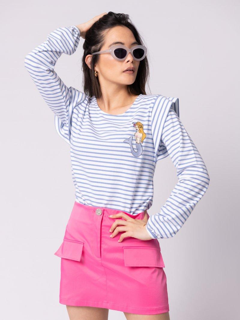 Camiseta clásica marinera de manga larga con raya tejida, bordado de sirena en pecho